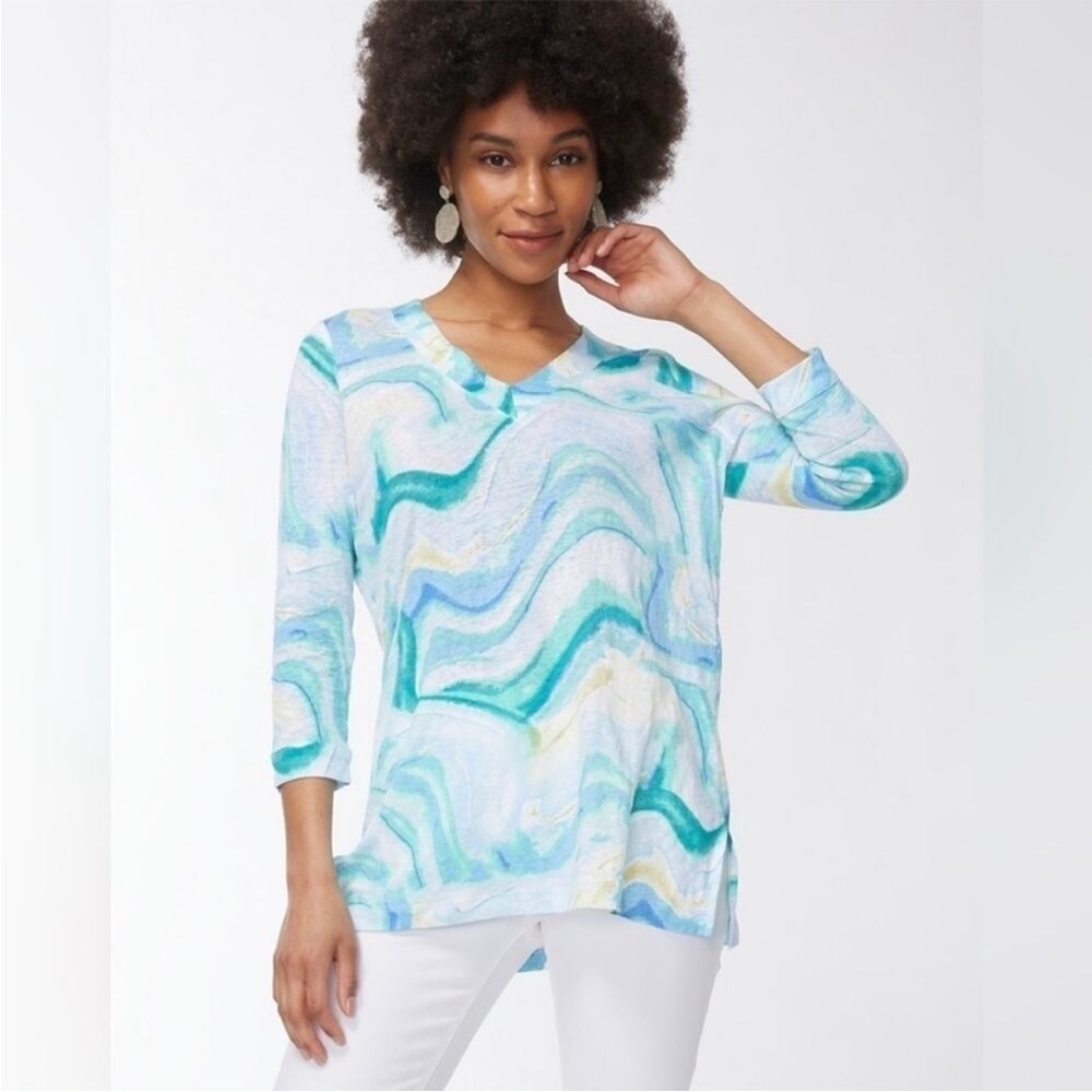 Chico's 100% Linen Blue Marble Print Beachy Coastal Boho Chic Tunic Top Size XL